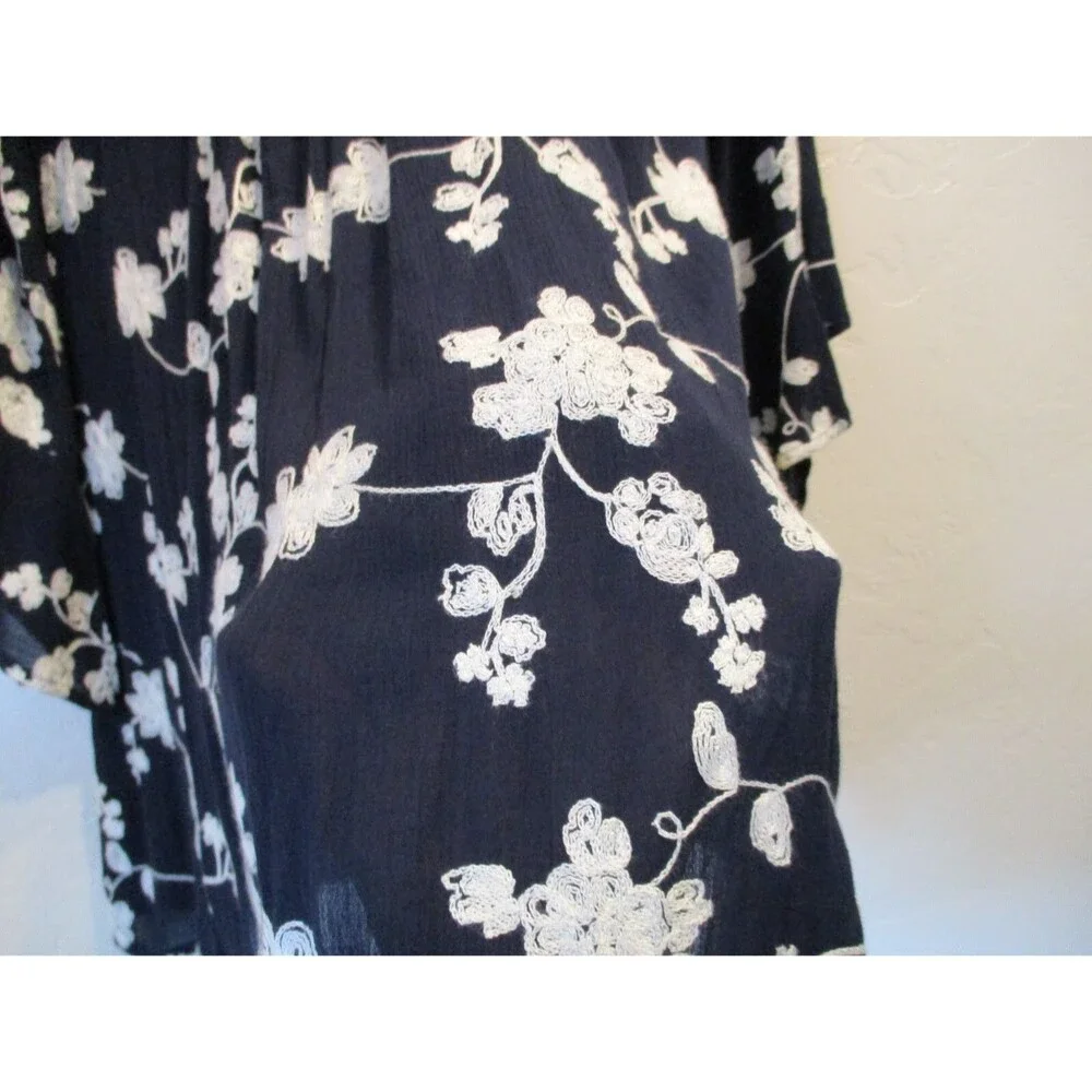 Umgee Womens Sz S Navy Blue Embroidered Gauze Trapeze Dress Floral Angel Sleeve - Picture 4 of 7